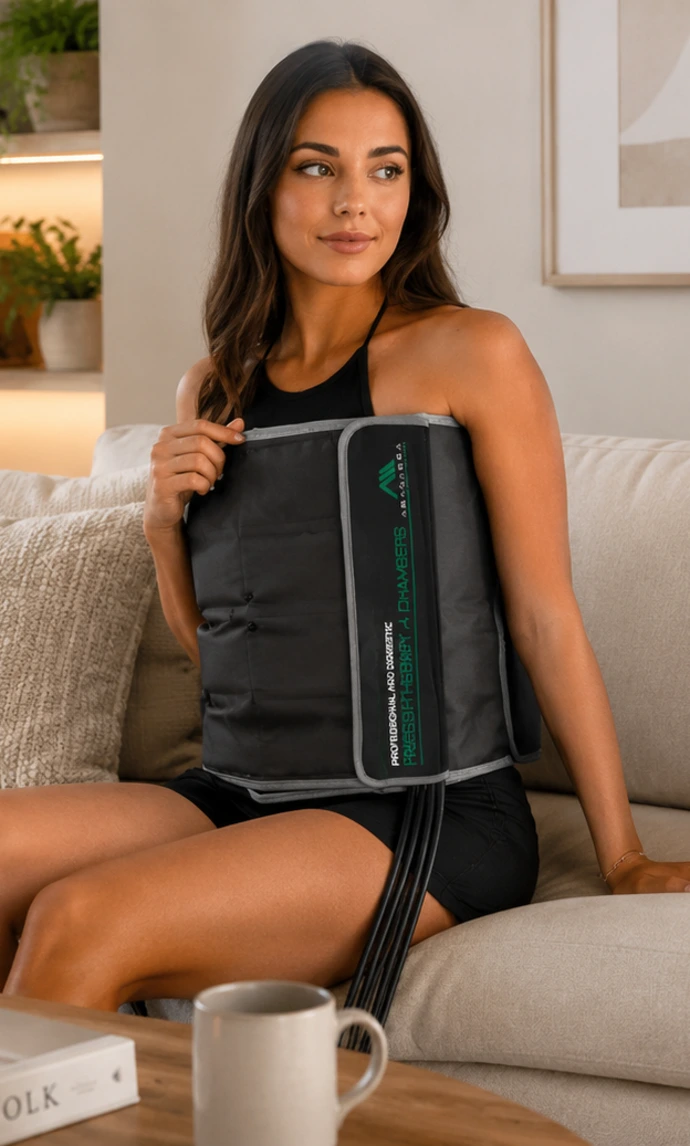 Mujer en sofá con sistema de presoterapia doméstico y profesional de Abantera cintura