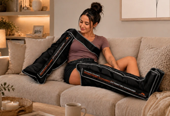 Mujer en sofá con sistema de presoterapia doméstico y profesional de Abantera