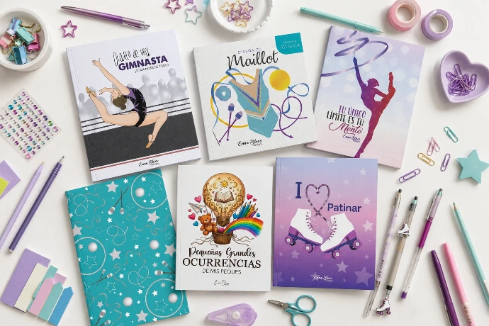 cuadernos bonitos y creativos de diferentes temáticas como gimnasia ritmica patinaje familia diseña tu maillo y diario de una gimnasta diseñados por Enna Blues