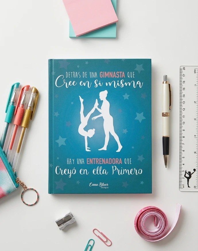 Cuaderno diseñado para gimnastas de gimnasia rítmica por Enna Blues a la venta en Amazon KDP detrás de una gimnasta que cree en sí misma hay una entrenadora que creyó en ella primero color turquesa