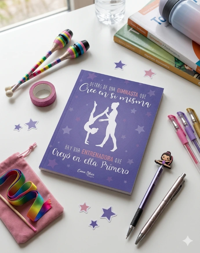 Cuaderno diseñado para gimnastas de gimnasia rítmica por Enna Blues a la venta en Amazon KDP detrás de una gimnasta que cree en sí misma hay una entrenadora que creyó en ella primero color morado
