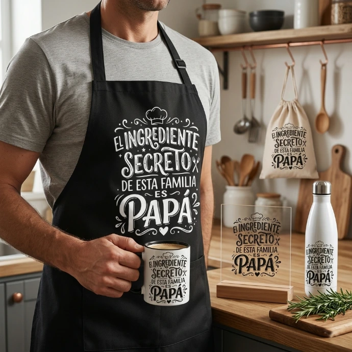 delantal regalo original para día del padre con botella taza color negro El ingrediente secreto de esta familia es papá