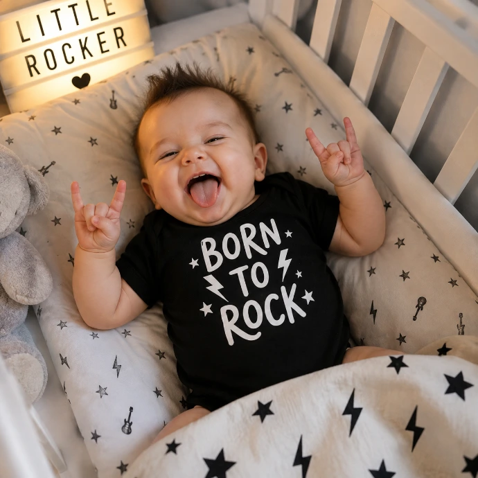 Bebé rockero en su cuna con body born to rock enna blues en latostadora