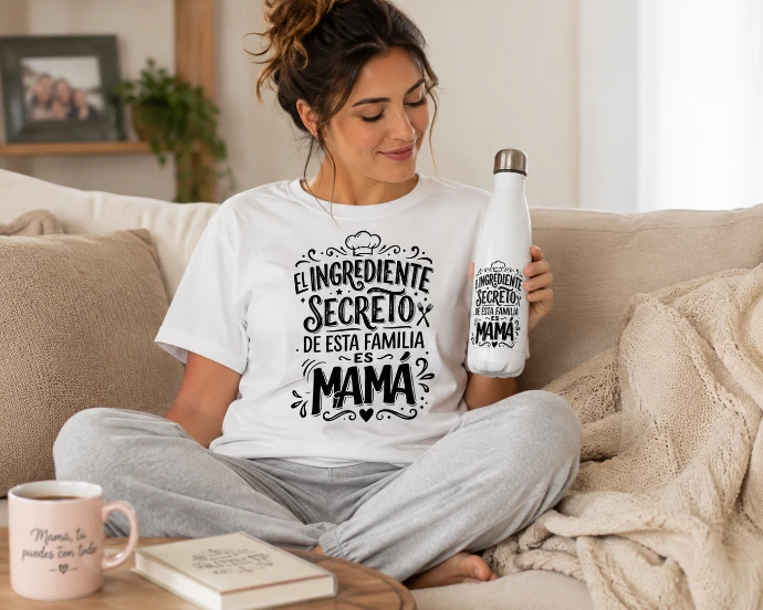 Mujer con botella y Pijama conjunto blanco regalo original para día de la madre con botella taza color negro El ingrediente secreto de esta familia es mamá dos