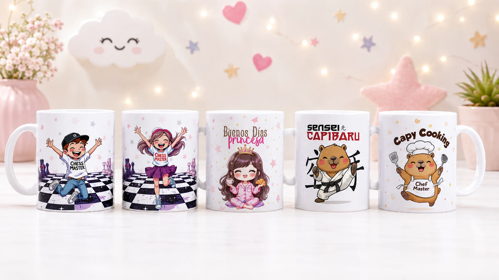 colección de tazas infantiles diseñadas por enna blues para niños y niñas de estilo kawaii divertido