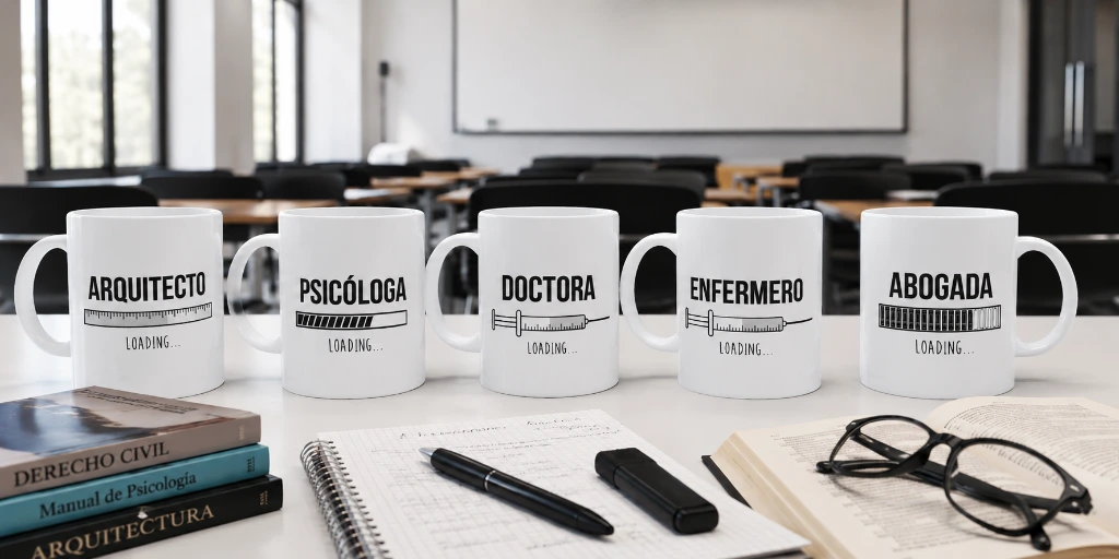 conjunto de tazas diseñadas para universitarios graduación profesiones como medicina derecho enfermería arquitectura química juez y más