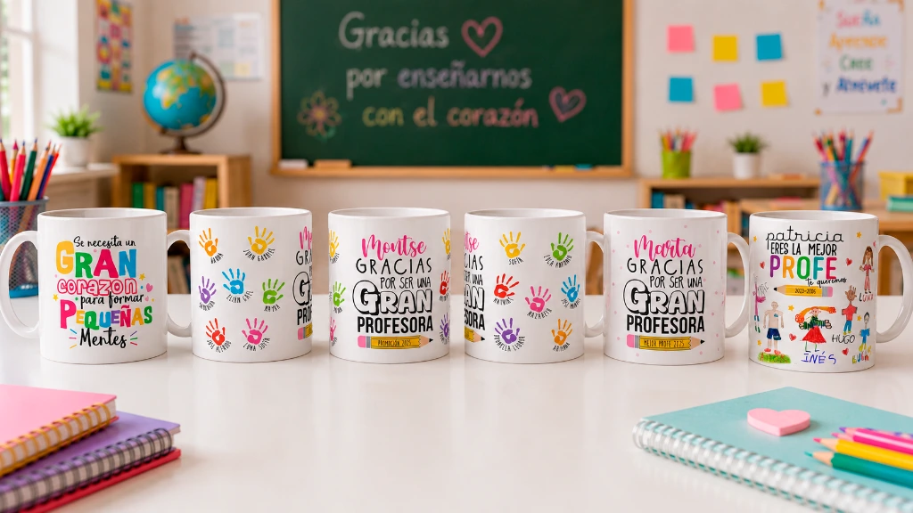 colección de tazas diseñadas para fin de curso y regalo de profesores de parte de sus alumnos totalmente personalizables regalo original