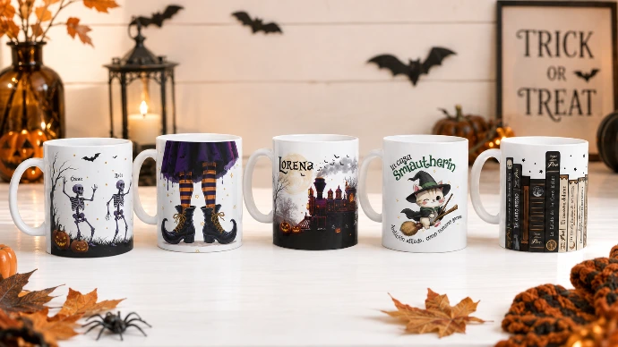 colección de tazas de halloween personalizadas para día de los muertos terror miedo truco o trato niños y niñas calabazas y esqueletos por enna blues
