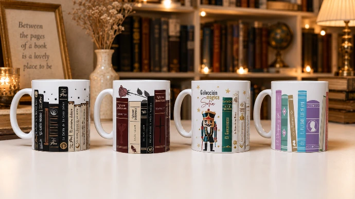Colección de tazas de librería con novelas de escritores celebres 