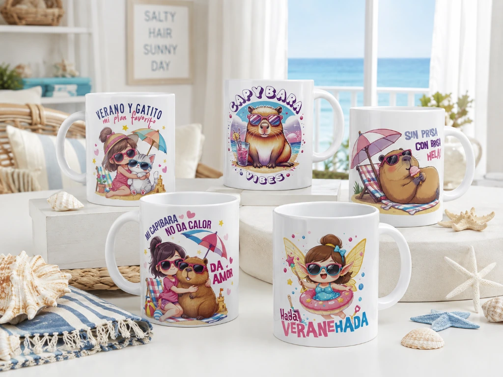 colección de tazas insipiradas en el verano con capibaras gatitos y hadas divertidas personalizables para un regalo único y original