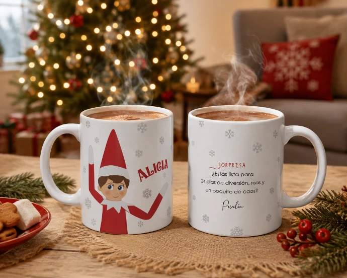 taza personalizada elfo travieso de navidad con mensaje ideal para niños y niñas y travesuras de los elfos
