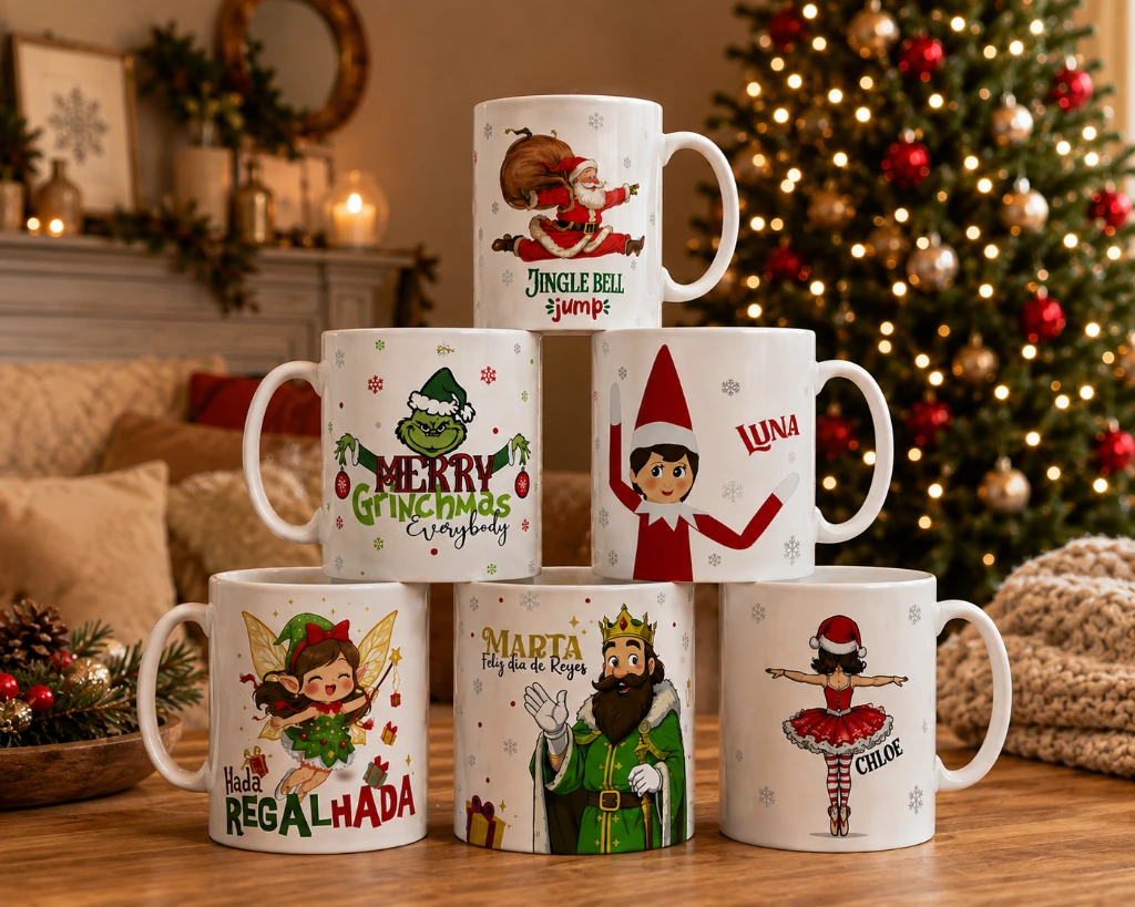 colección de tazas navideñas de enna blues con reyes magos papá noel grinch elfos y más
