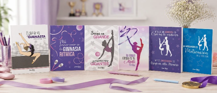Set bodegon con todos los cuadernos y libros de gimnasia rítmica diseñados por Enna Blues y a la venta en Amazon