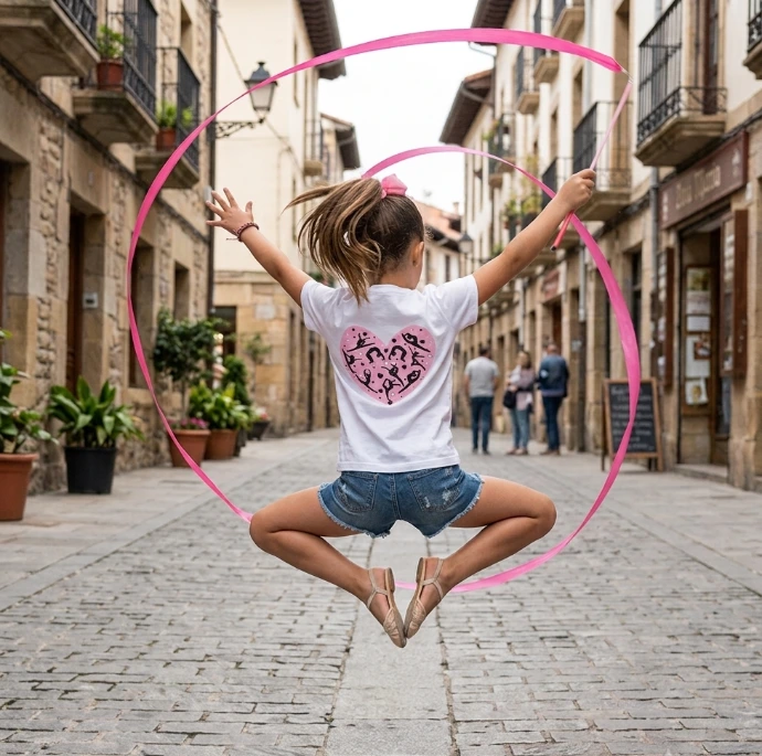 Niña haciendo un salto de gimnasta con una camiseta diseñada por Enna Blues de Gimnasia Rítmica