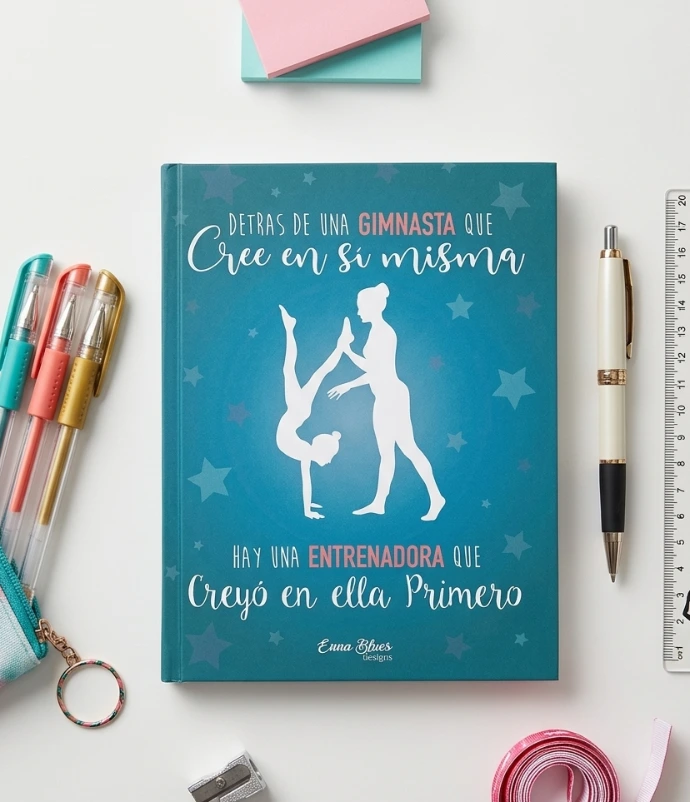 Cuaderno para entrenadoras de gimnasia rítmica color turquesa diseñado por Enna Blues a la venta en Amazon detrás de una gimnasta que cree en sí misma hay una entrenadora que creyó en ella primero