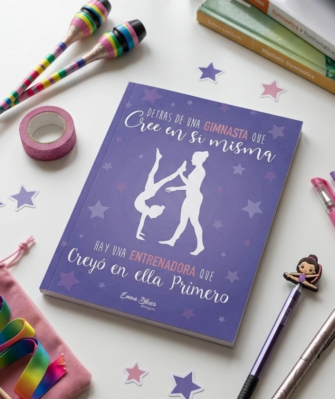 Cuaderno para entrenadoras de gimnasia rítmica color Morado diseñado por Enna Blues a la venta en Amazon detrás de una gimnasta que cree en sí misma hay una entrenadora que creyó en ella primero