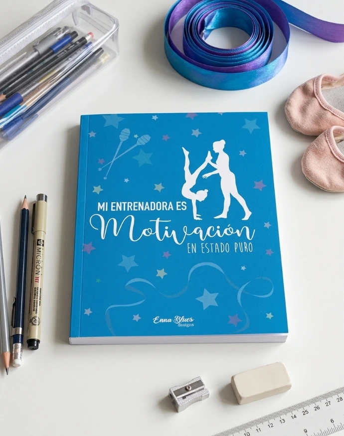 Cuaderno para entrenadoras de gimnasia rítmica color azul diseñado por Enna Blues a la venta en Amazon mi entrenadora es motivación en estado puro