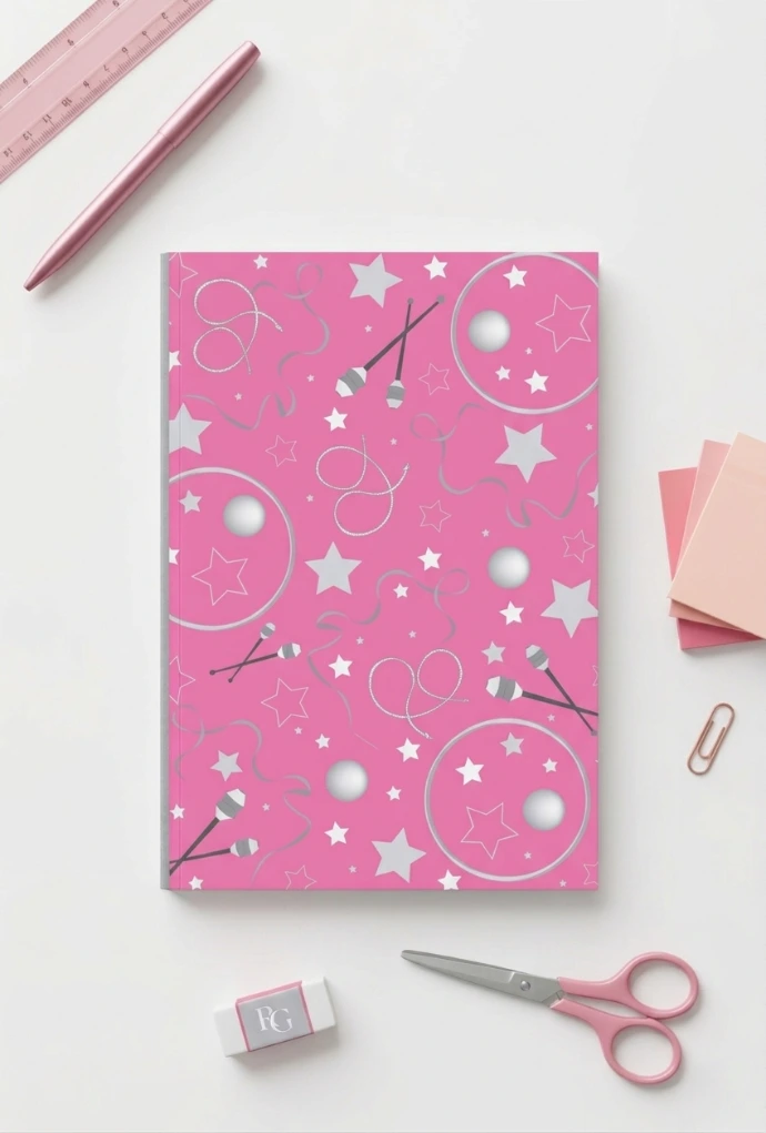 Cuaderno rosa de gimnasia rítmica para gimnastas y entrenadoras a la venta en Amazon diseñado por Enna Blues