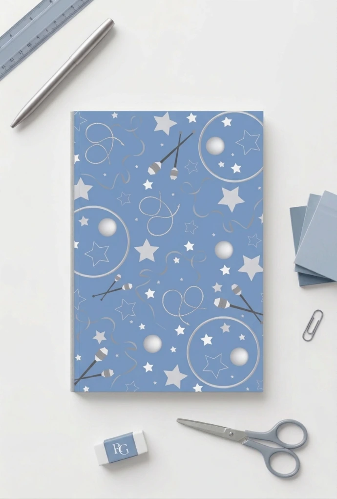 Cuaderno azul de gimnasia rítmica para gimnastas y entrenadoras a la venta en Amazon diseñado por Enna Blues