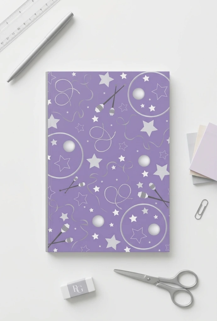 Cuaderno lila de gimnasia rítmica para gimnastas y entrenadoras a la venta en Amazon diseñado por Enna Blues