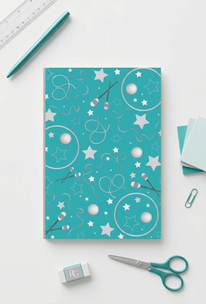 Cuaderno turquesa de gimnasia rítmica para gimnastas y entrenadoras a la venta en Amazon diseñado por Enna Blues