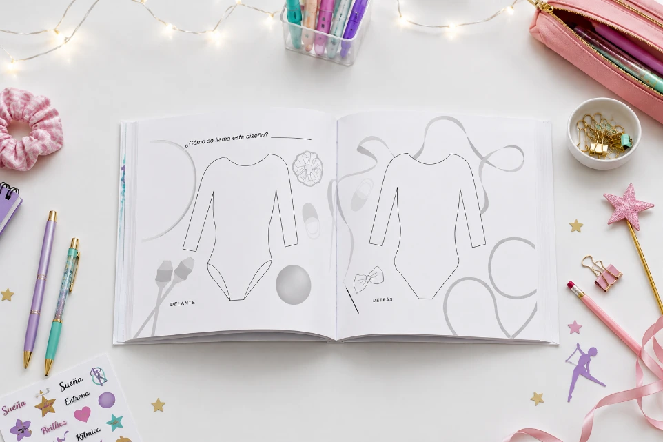 Interior del libro diseña tu maillot de manga larga de gimnasia rítmica por Enna Blues a la venta en Amazon ideal para gimnastas 