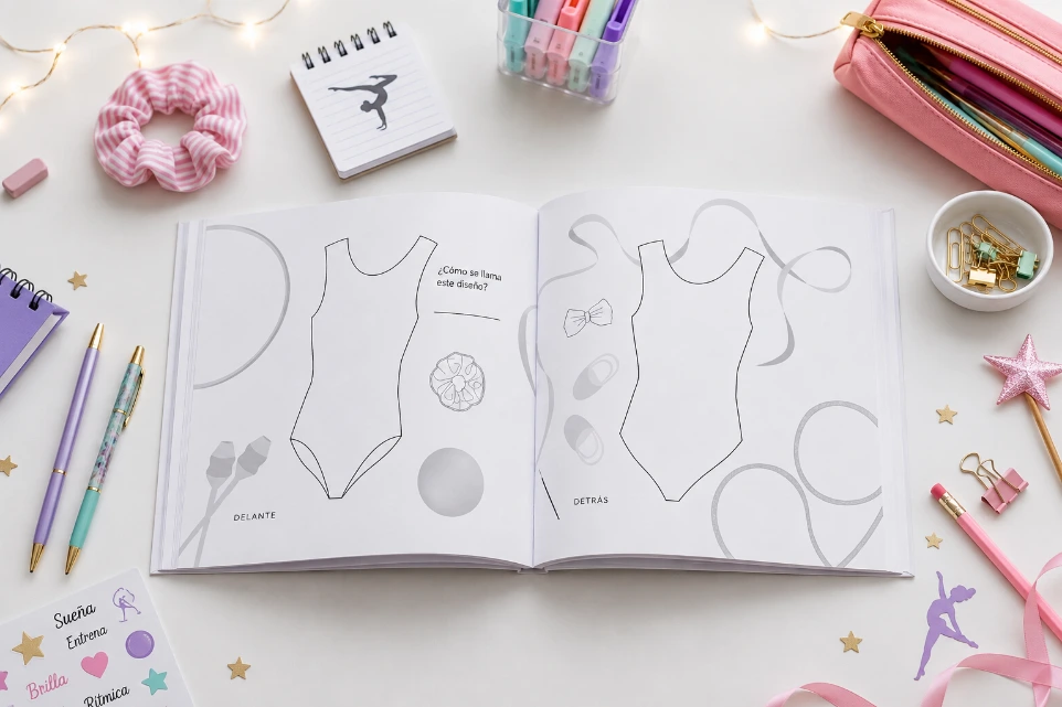 Interior del libro diseña tu maillot de tirantes sin mangas de gimnasia rítmica por Enna Blues a la venta en Amazon ideal para gimnastas 