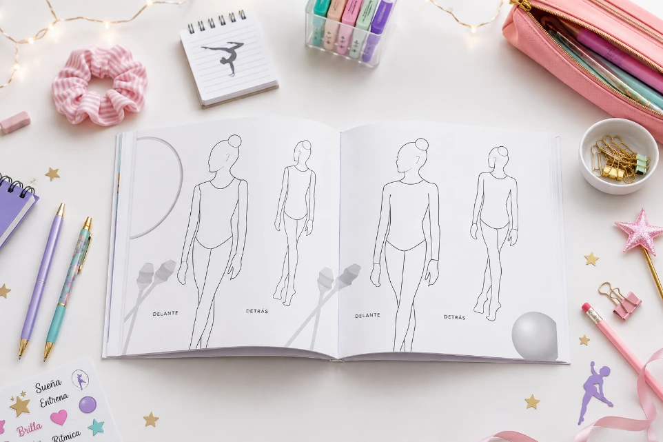 Interior del libro diseña tu maillot de manga cuerpo entero de gimnasia rítmica por Enna Blues a la venta en Amazon ideal para gimnastas 