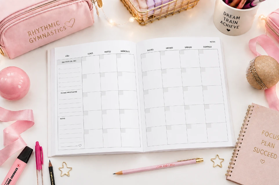 Libro y cuaderno de entrenamiento para gimnastas de gimnasia rítmica Diario de una gimnasta diseñado por Enna Blues a la venta en Amazon interior con calendario
