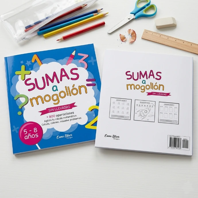 Libro didáctico con ejercicios para aprender a sumar sin llevadas ideal para niños pequeños de primaria o infantil diseñado por Enna Blues a la venta en Amazon